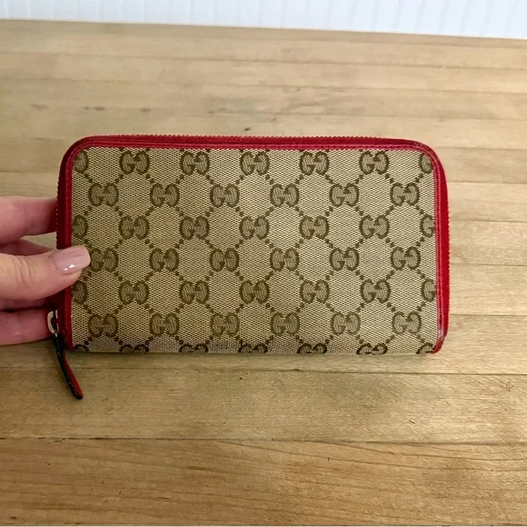 Gucci GG Canvas & Leather Monogram Long Zip Around Wallet Red Trim - Picture 4 of 15